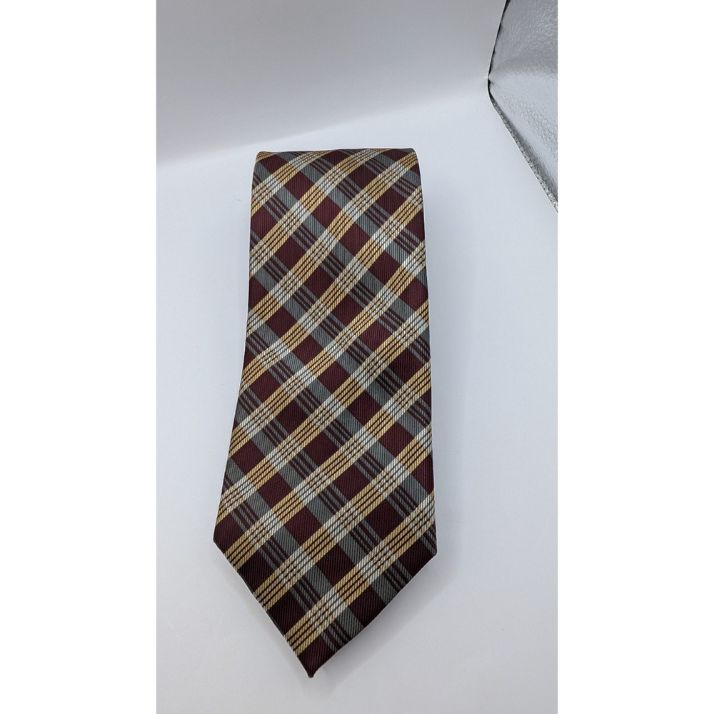 Stafford Essentials Men's Classic Plaid Necktie Burgundy Gold Blue Checkered Tie